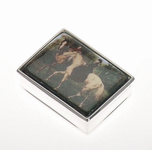 925 Silber, Pillendose - viereckig Motiv Pferd mit Reiterin Art. 1002192